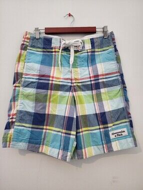 Abercrombie Plaid Board Shorts Mens Small Logo Drawstring Lined Swim Colorful
